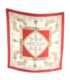 セリーヌ CELINE スカーフ 絹 シルク 大判 馬 タッセル ロゴ 総柄 白 ホワイト 赤 レッド /XZ ■GY18