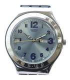 スウォッチ SWATCH 腕時計 ウォッチ クォーツ カレンダー付き 青文字盤 ロゴ レザーベルト シルバー色 ■GY11 /MQ