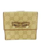 グッチ GUCCI プリンシー 二つ折り財布 ウォレット 小銭入れあり GGキャンバス レザー 革 GGロゴ モグラム リボン メタリック ベージュ /AO5 ■GY11