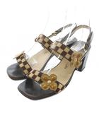 ルイヴィトン LOUIS VUITTON ダミエ サンダル レザー ハラコ オープントゥ チャンキーヒール ストラップ フラワーモチーフ 35.5 22.5cm-23cm 茶色 ブラウン /XZ ■GY11