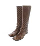 ルイヴィトン LOUIS VUITTON ロングブーツ レザー スクエアトゥ ローヒール ダミエ柄 総柄 サイドジップ 37.5 24cm-24.5cm 茶色 ブラウン 黒 ブラック /XZ ■GY40