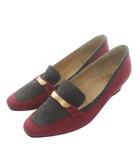 バーバリーズ Burberrys パンプス スエード スクエアトゥ ローヒール ゴールド金具 23㎝ 赤 レッド グレー /XZ ■GY18