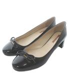 プラダ PRADA パンプス エナメル レザー ラウンドトゥ ヒール リボン ロゴ 37 24㎝ 黒 ブラック /XZ ■GY18