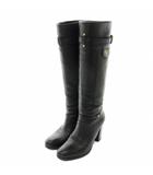 プラダ PRADA ロングブーツ レザー ラウンドトゥ ハイヒール ロゴ ゴールド金具 36.5 23.5cm 黒 ブラック /XZ ■GY18