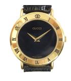 グッチ GUCCI ジャンク品 腕時計 ウォッチ クォーツ ローマン 黒文字盤 レザーベルト ゴールド色 ■GY18 /MQ ■OH