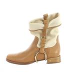 セリーヌ CELINE ショートブーツ ラウンドトゥ レザー キャンバス ロゴ 35 22cm 茶 ブラウン ■GY11 /MQ ■OH