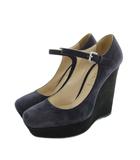 プラダ PRADA パンプス ウェッジソール ロゴ スクエアトゥ スエード レザー 36 23cm 紺 ネイビー ■GY17 /MQ ■OH