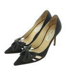 ジミーチュウ JIMMY CHOO パンプス ポインテッドトゥ ピンヒール スエード リボン ラインストーン 37.5 24.5cm 黒 /MI ■GY17