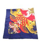 PROUES プロテウス スカーフ カレ90 ロゴ 総柄 シルク 絹 紺 ネイビー /FF ■GY18