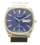 シチズン CITIZEN ジャンク品 CRYSTRON 8550-851053 腕時計 ウォッチ クォーツ 青文字盤 カレンダー付き レザーベルト シルバー色 ■GY11 /MQ
