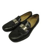 グッチ GUCCI ローファー 革靴 牛革 レザー スクエアトゥ ロゴプレート シルバー金具 37.5 24.5cm 黒 ブラック /XZ ■GY18