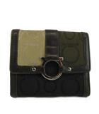 サルヴァトーレフェラガモ Salvatore Ferragamo 財布 二つ折り キャンバス レザー Wホック 総柄 ガンチーニ シルバー金具 茶色 ブラウン 黒 ブラック /XZ ■GY18