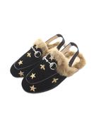 グッチ GUCCI キッズ プリンスタウン フラットミュール 28 18cm 黒 ブラック ファー ホースビット 刺繍柄 蜂柄 星柄 /RI ■OS ■OH
