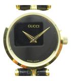 グッチ GUCCI 腕時計 クォーツ ウォッチ 黒文字盤 ロゴ レザーベルト ゴールド色 ■GY18 /MQ ■OH