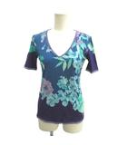 Tシャツ カットソー 花柄 Vネック 半袖 青 ブルー 緑 グリーン 紫 パープル /YU ■GY18