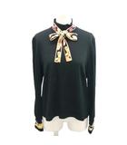 カットソー ニット ネックリボン 花柄 長袖 絹 シルク LL 黒 ブラック 0369351 /KK ■GY18