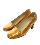 グッチ GUCCI パンプス エナメル スクエアトゥ チャンキーヒール ホースビット 7 24㎝ 茶色 ブラウン /XZ ■GY50