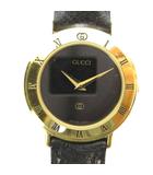 グッチ GUCCI 3000L 腕時計 ウォッチ クォーツ レザーベルト 黒文字盤 ゴールドカラー 金色 ■GY18 /MQ ■OH ▲H