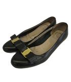 サルヴァトーレフェラガモ Salvatore Ferragamo ヴァラ リボン パンプス レザー リザード型押し ラウンドトゥ ローヒール ロゴ ゴールド金具 6 23.5cm 黒 ブラック /XZ ■GY50