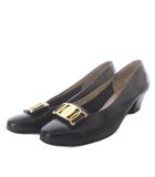 サルヴァトーレフェラガモ Salvatore Ferragamo パンプス チャンキーヒール ガンチーニ ゴールド金具 レザー 6C ブラック /YO38 ■GY53