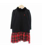 ポロ ラルフローレン POLO RALPH LAUREN ワンピース ひざ丈 長袖 襟ベロア チェック フリンジ 5 黒 ブラック 赤 レッド /JS