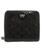 アニヤハインドマーチ ANYA HINDMARCH 折り財布 コンパクトウォレット ラウンドファスナー エナメル リボン柄 ロゴ刺繍 紺 ネイビー /GV