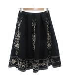 フレアスカート ひざ丈 タック ウール 刺繍 M 黒 ブラック 白 ホワイト /GV