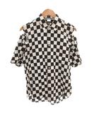 コムデギャルソンオムプリュス COMME des GARCONS HOMME PLUS シャツ 半袖 チェック バイカラー オープンショルダー XS ブラック ホワイト /FF
