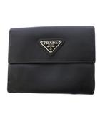 プラダ PRADA 二つ折り財布 コンパクトウォレット スクエア 三角プレート ロゴ レザー ワンポイント ワンカラー 黒 ブラック /BB ■OH