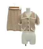 ダーリッチ Darich コットンブレンドツイードニット セットアップ ジャケット タイトスカート F くすみピンク 白 ホワイト チェック柄 半袖 ミニ丈 /AG ■OS