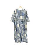 グランマママドーター GRANDMA MAMA DAUGHTER ROJIタックワンピース ロング 総柄 七分袖 リネン混 1 ブルー グレー /HK ■OS