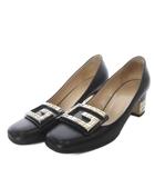 グッチ GUCCI ビジュー装飾スクエアトゥパンプス クリスタル Gロゴ チャンキーヒール レザー 35.5 ブラック 522697 /YO21
