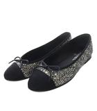 シャネル CHANEL バレリーナ パンプス フラット スパンコール ツイード ココマーク リボンモチーフ 37.5C シルバー色 ブラック G02819 /YO4