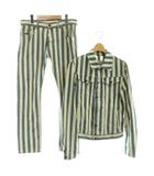 ヴィヴィアンウエストウッド Vivienne Westwood ストライプ柄セットアップライカ期 ジャケット パンツ ステンカラー テーパード リネン混 46 ブルー アイボリー /CX ■OS