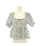 ガニー GANNI 25SS Yarn Dyed Stripe Blouse ブラウス ペプラム スクエアネック ビジューボタン 水色 ライトブルー 茶 ブラウン 白 ホワイト /CX ■OS