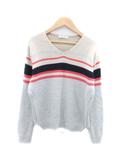ヒューマンウーマン HUMAN WOMAN ニット セーター Vネック 長袖 ボーダー柄 M マルチカラー グレー /HO40
