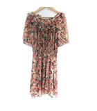 エフデ ef-de ワンピース ひざ丈 半袖 ラウンドネック 総柄 フリル シースルー 9 マルチカラー ベージュ 赤 レッド /SM39