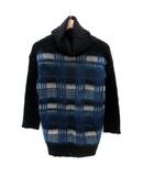 ニット セーター 長袖 タートルネック チェック柄 切替 モヘヤ混 M マルチカラー 黒 ブラック 青 ブルー /SM23