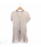 ケイハヤマプリュス KEI Hayama PLUS ワンピース ボーダー Vネック 半袖 ひざ丈 綿 2 ブラウン 茶 ホワイト 白 /FT36