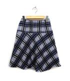 チェック柄 フレアスカート ひざ丈 起毛 モヘヤ混 ウール 2 ブルー 青 ネイビー 紺 /FT4