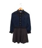 レース フリルラウンドカラー ワンピース フレア ミニ グレンチェック 切替 長袖 34 紺 ネイビー /NT6