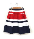 エフデ ef-de ボーダー フレア スカート ひざ丈 タック コットン混 サイドジップ 7 紺 ネイビー /NT17