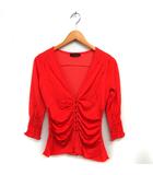 カーディガン シャーリング コットン混 ペプラム 七分袖 M レッドオレンジ /NT29