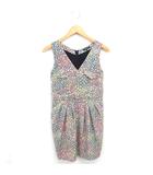 ワンピース 花柄 タック ひざ丈 Vネック プルオーバー ノースリーブ 36 緑 グリーン オレンジ /TT