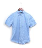 国内正規品 ボタンダウン ギンガムチェック シャツ カジュアル ポニー ラウンドヘム コットン 綿 半袖 M ライトブルー /NT20