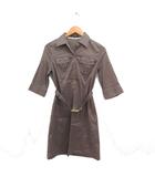 ミリタリー ワンピース ひざ丈 6分袖 ベルト 無地 38 ブラウン 茶 /FT5