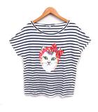 バンダナ猫プリント ボーダー柄 Tシャツ カットソー 半袖 ボートネック 1 ブラック 黒 ホワイト 白 /FT17