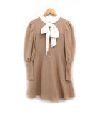 ニット フレア ワンピース 長袖 ひざ丈 リボンネック F ベージュ /FT12