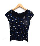 ボートネック カットソー Tシャツ クロップド ストレッチ 幾何学模様 半袖 2 黒 ブラック /NT5