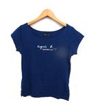 ロゴプリント カットソー Tシャツ ボートネック コットン 綿 半袖 2 青 ブルー /NT17